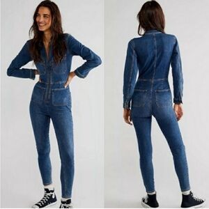 Free People Lennox denim skinny utility jumpsuit in a medium/dark wash